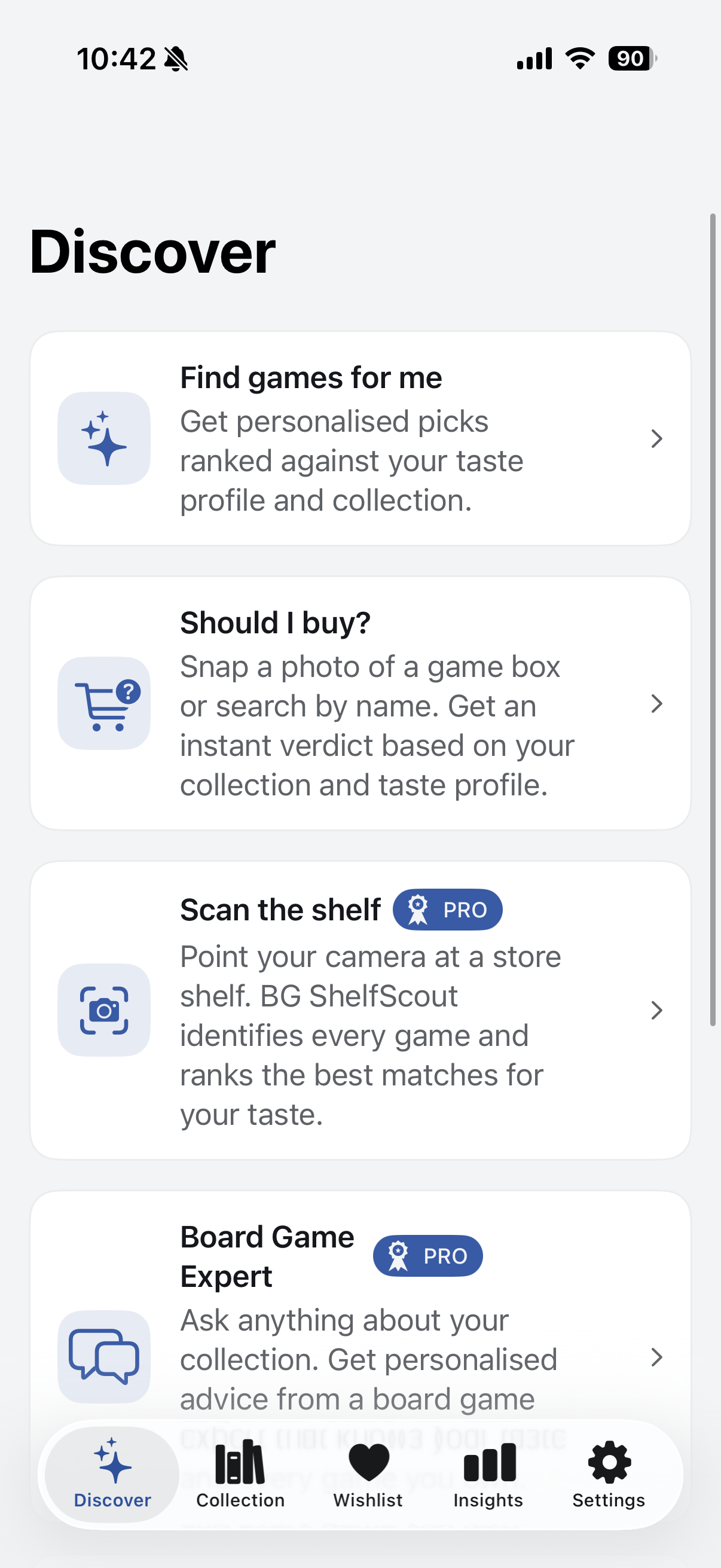 BG ShelfScout discover screen showing personalised board game recommendations from a BoardGameGeek collection.