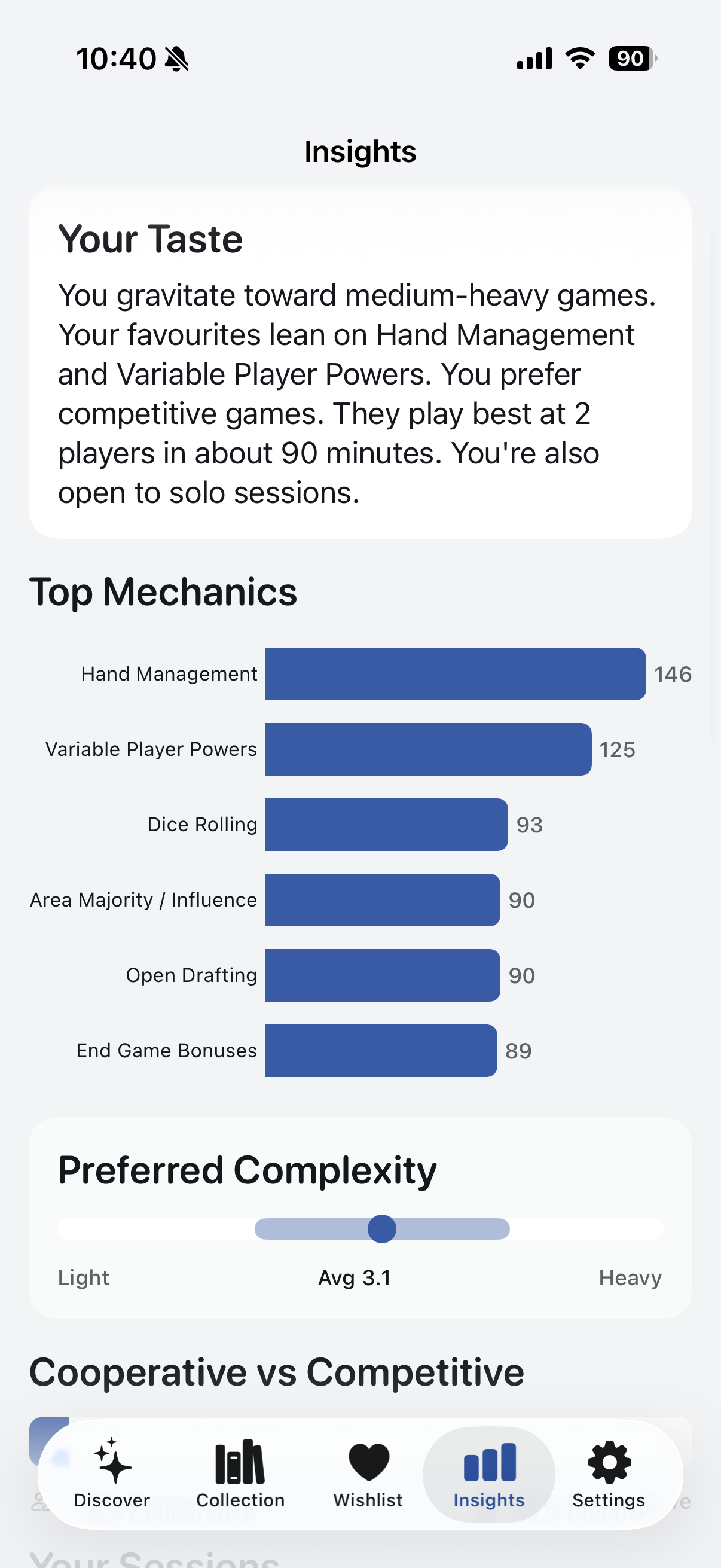 An Insights screen showing the player's taste summary and most-played mechanics.
