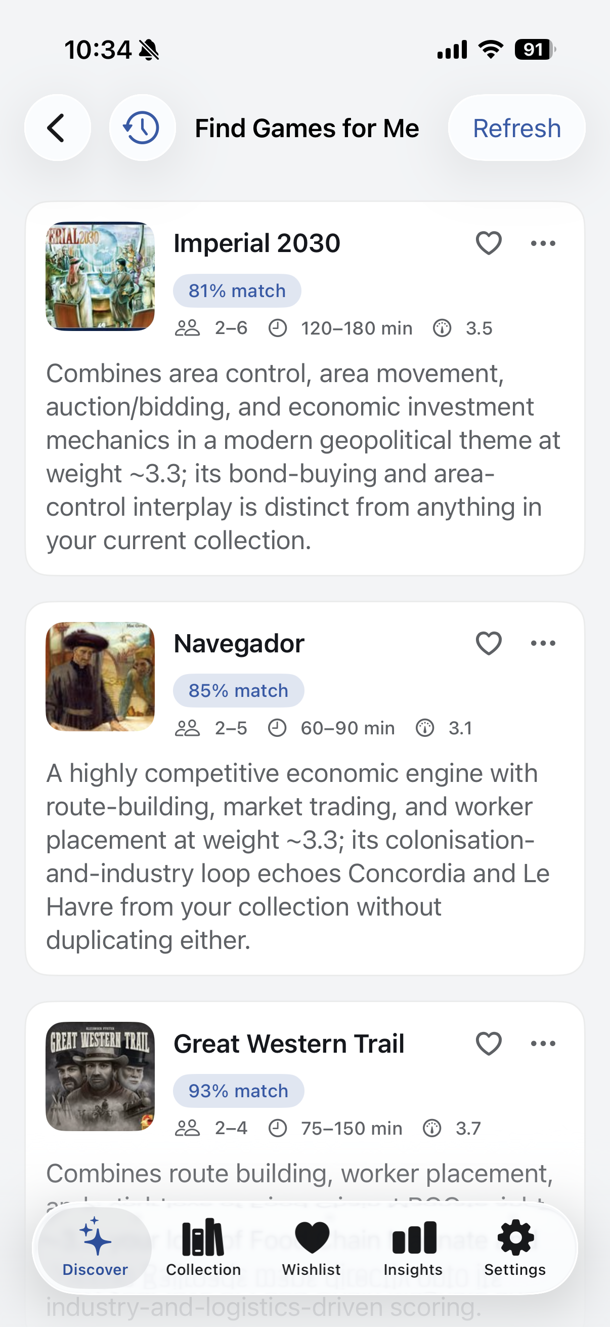 BG ShelfScout recommendations list with match percentages explaining why each board game fits the player's taste.